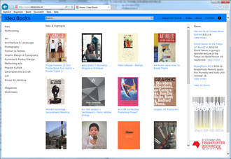 IDEA BOOKS homepage met links de 11 categorien en rechts een kolom met nieuws