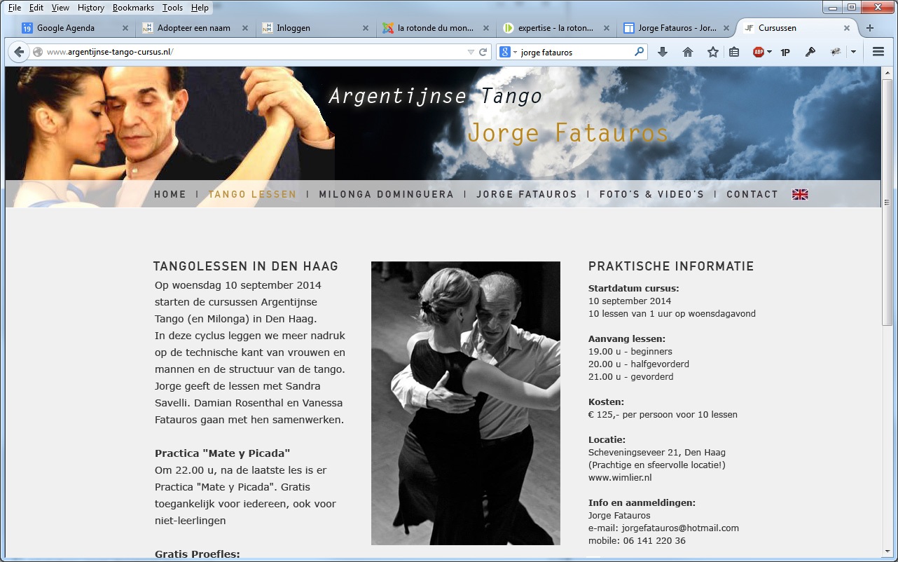 De pagina met informatie over de lessen die Jorge fatauros geetft in Den Haag en Amsterdam